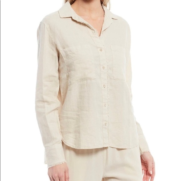 CLOTH & STONE WOVEN FRAY BUTTON FRONT LONG CUFF SLEEVE POINT COLLAR TOP XS KHAKI - Picture 1 of 7